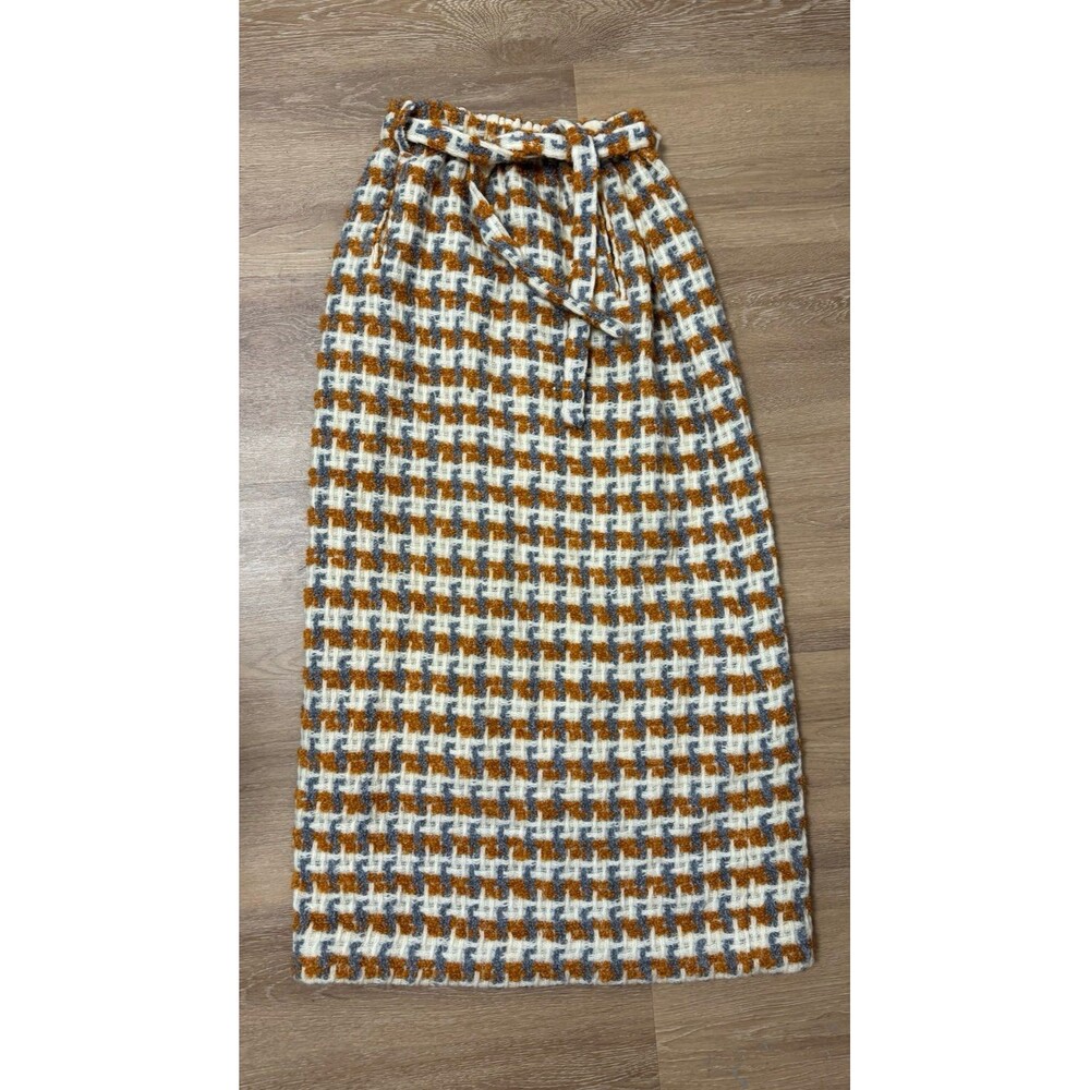 Vintage Hadley Bouclé Tweed Midi Skirt Orange Brown Checkered Belted Mod M Sz 8